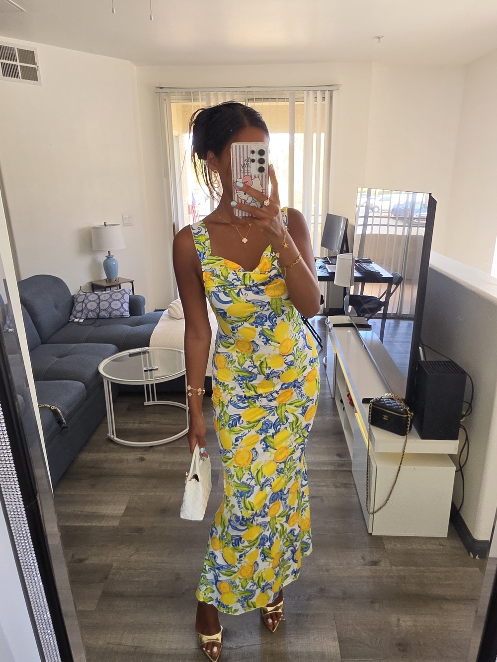 Lemon Print Sleeveless Maxi Dress - White/Yellow Very Stretchy - Picture 5 of 17